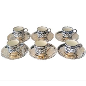 ANTIQUE SILVER RESIST LUSTRE 19th Century Demitasse Espresso Cups & Saucers Set